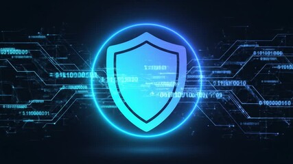 Cybersecurity shield icon glowing blue with circuit lines and binary code evoking digital protection and network security fused with glowing particle burst blue light trail and secure digital shield - Powered by Adobe