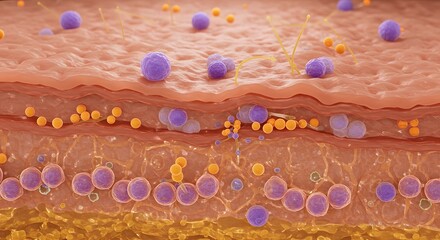 Detailed 3D illustration of a biological tissue layer showing purple and orange cellular structures.