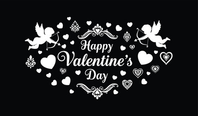 Happy Valentine&rsquo;s Day decorative vector with cupid silhouettes, bows and arrows, floating hearts, fantasy-inspired ornaments, clean black vector illustration.