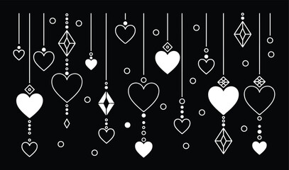 Vector pattern of hanging hearts, dots, and diamond accents, simple line art mixed with solid shapes, balanced spacing, black-and-white color scheme, decorative romantic motif.