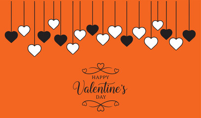 Row of black and outlined heart shapes hanging from thin strings, minimalist vector art, seamless horizontal border, flat design, high contrast black on transparent background,  with Valentine theme