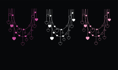 Stylish hanging heart garland with mixed solid and outline hearts, thin straight strings, flat vector style, clean negative space below, ideal for wedding or love-themed header design.