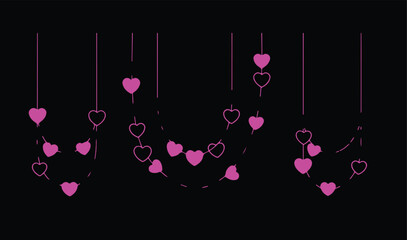  Stylish hanging heart garland with mixed solid and outline hearts, thin straight strings, flat vector style, clean negative space below, ideal for wedding or love-themed header design.