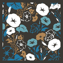 Dark Floral with Morning Glory Flowers and Leaves Pattern. Ideal for spring designs, fabric prints, stationery, packaging, wallpapers, and floral themed products