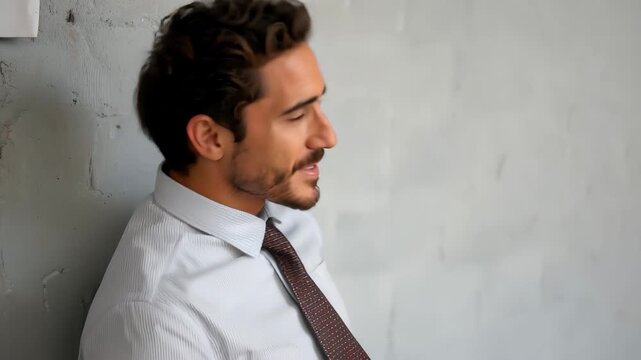 Smiling busy professional Latin businessman stands confidently in an office space during a workday, showcasing a positive attitude and approachability