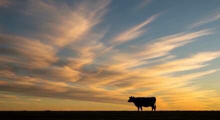 Silhouette of a cow standing peacefully in a field against a vibrant orange and yellow sunset sky.