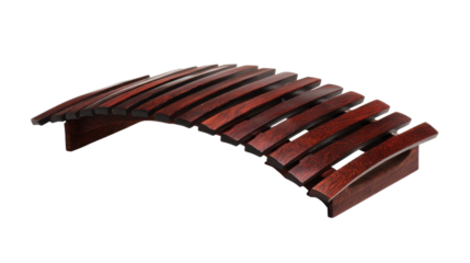 Arched wooden footrest providing ergonomic comfort and relaxation for feet, on transparent background