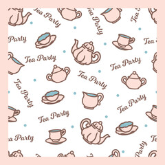 Cute Tea Party Pattern Featuring Pastel Tea ware. Charming and simple illustration for textile patterns, kitchen decor, cafe branding, and packaging design