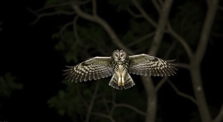Majestic owl flying through the dark night sky with wings spread wide.