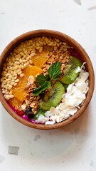 Red Dragon Smoothie Bowl With Fresh Tropical Fruits Vibrant Color Healthy Breakfast Concept