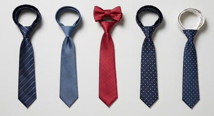 Five different patterned men's silk neckties tied in knots and displayed on a white background.