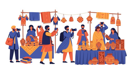 Vector illustration of people shopping and selling traditional Indian crafts at Surajkund Mela, with vibrant orange and blue hues, showcasing various handmade goods and textiles on display.