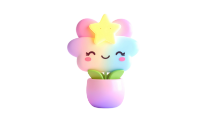 3D rendered cartoon flower in pot, pastel colors, cheerful face, star
