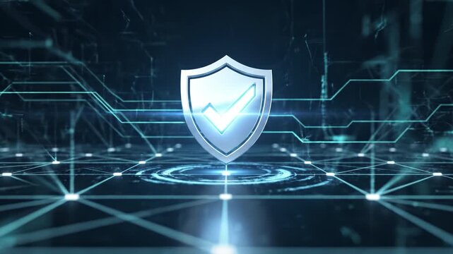 Secure shield icon with check mark glowing digital network grid conveying cybersecurity protection and data integrity futuristic technology environment and shield icon glowing digital network grid