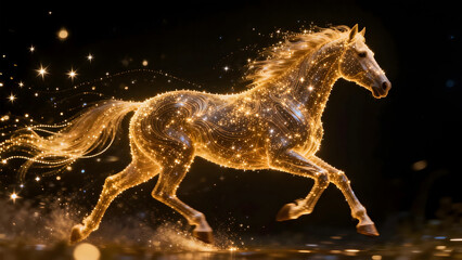 A horse formed from shimmering golden stardust