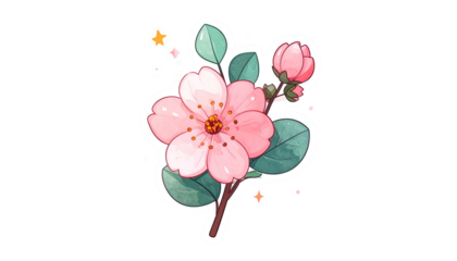 Delicate watercolor-style drawing of a flowering branch with pink blooms