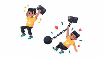 Man freeing himself from mobile phone addiction with a wrecking ball