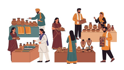 Vector illustration of people at Surajkund Crafts Mela in India, showcasing and selling traditional handmade pottery and crafts.