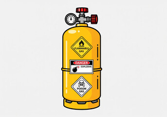 Warning labels on a yellow gas cylinder