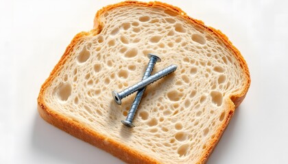 Conceptual image of a slice of white bread with two metal screws resting on the surface.
