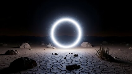 Enigmatic glowing ring illuminates a barren, cracked desert floor at night, an ethereal light source evoking mystery and otherworldly phenomena