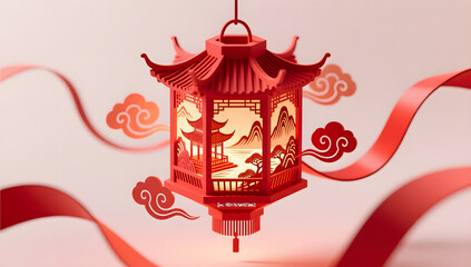 Spring Festival red lantern with pavilion and landscape models