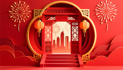 Papercut style Chinese gate with festive fireworks and city view
