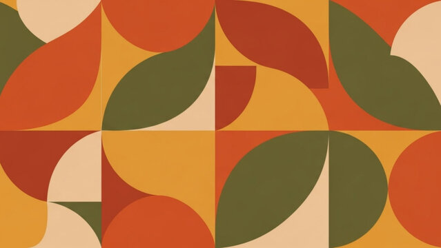 Vibrant abstract pattern with geometric shapes and leaves in orange, yellow, red, and green hues