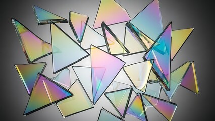Abstract arrangement of shimmering triangular fragments, each catching and refracting light to display a mesmerizing spectrum of iridescent colors and intricate patterns