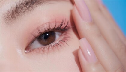 ピンクのロングネイルと濡れ感のある瞳の接写