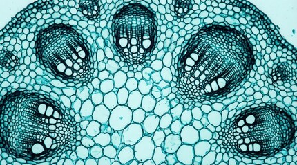 Microscopic cross-section of a plant stem revealing intricate cellular structure and vascular bundles.