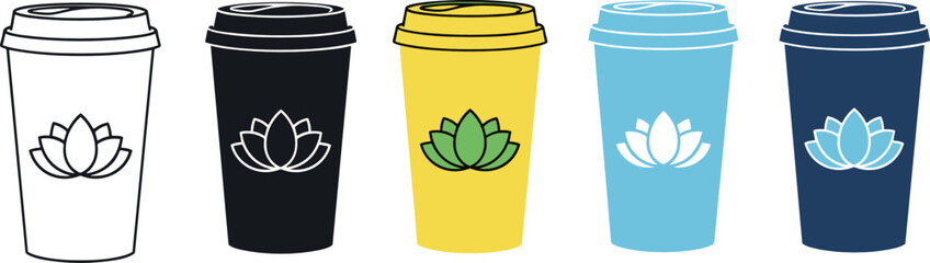 Reusable coffee cup icons set featuring takeaway mugs with lotus symbol, eco friendly lifestyle, sustainable beverage containers, and modern cafe design concepts
