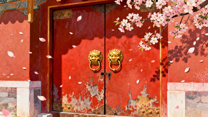 Vermilion Gate with Falling Begonia Petals