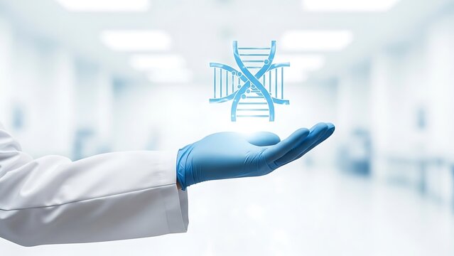 Scientist holding digital DNA helix for genetic research concept - Powered by Adobe