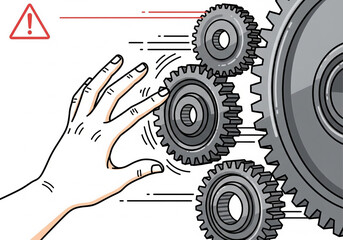 Hand interacting with industrial gears and machinery
