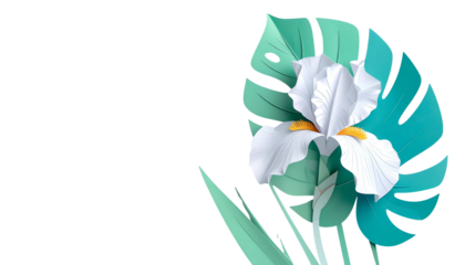 A paper-crafted iris flower with bright petals & tropical leaves against a black backdrop