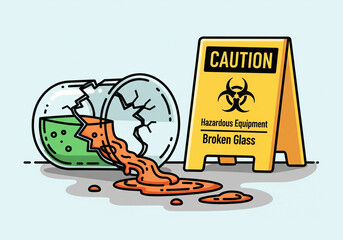 Caution sign warns of broken glass and hazardous equipment nearby