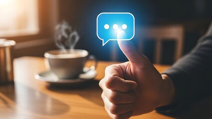 Thumbs up with message bubble icon and coffee cup background