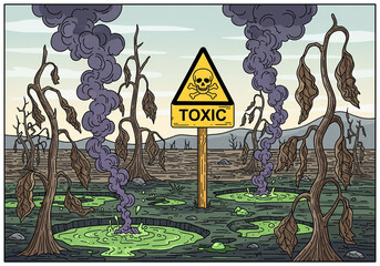 Toxic waste landscape with hazardous sign and dead trees