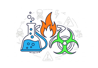 Biohazard and chemical warning symbols with beaker and flame