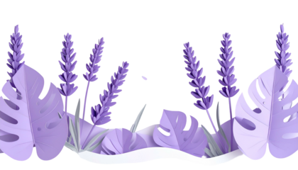 Lilac paper cut artwork featuring lavender sprigs and monstera leaves