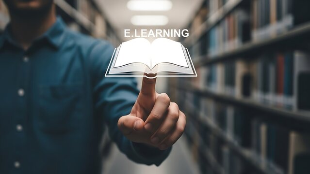 Student finger touching e-learning book icon in library - Powered by Adobe