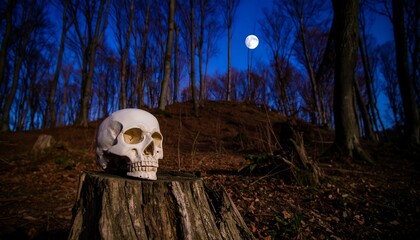A skull rests atop a tree stump in a dark forest at night, a full moon shining through the trees' canopy