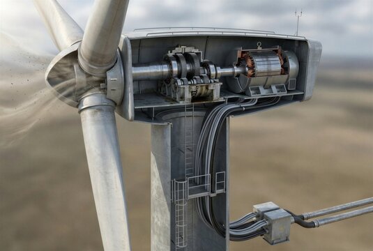 Cutaway Interior View of Modern Onshore Wind Turbine Showing Nacelle, Gearbox, Generator and Tower