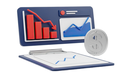 3D Business Growth and Decline Charts with Dollar Symbol