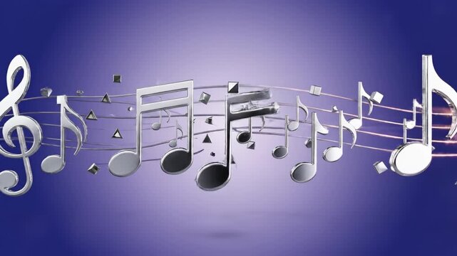 Silver musical note staff music with glowing music note purple neon symbol on violet gradient reflective metal texture motion and soft bokeh light burst concert vibe