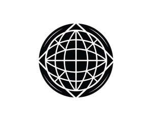 Black stylized globe icon with grid and triangular elements on white background world earth