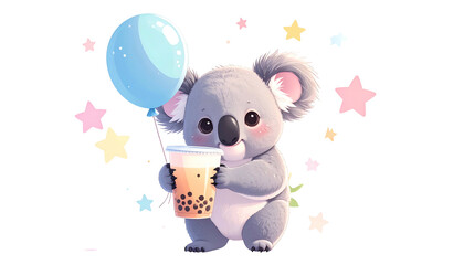 Adorable cartoon koala holding bubble tea and a balloon, surrounded by stars
