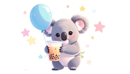 Adorable cartoon koala holding bubble tea and a balloon, surrounded by stars