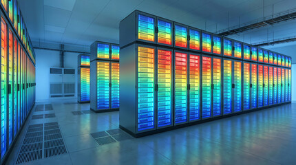 A modern data center with rows of server racks illuminated by colorful LED lights in blue, orange, and red hues, showcasing advanced technology and high-capacity storage